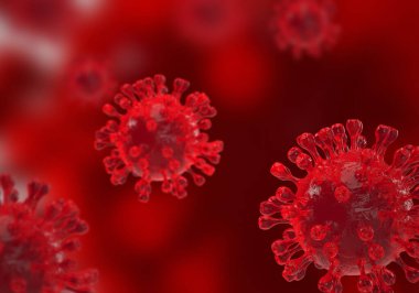 Kırmızı zemin üzerinde Covid-19 virüsünün mikroskobik görüntüsü veya pandemik koronavirüs 2019 hava yoluyla yayılan parçacıklar. 3B görüntüleme