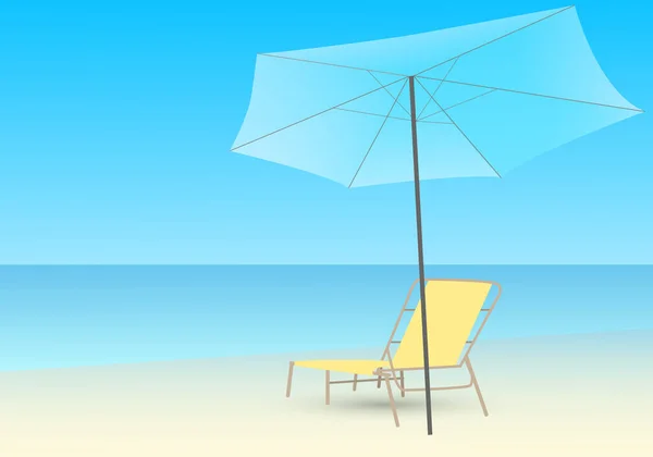 海滩上有一把黄色的沙发椅和一把蓝色的伞 晴天蓝海的背景 — 图库矢量图片