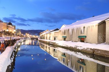 Japonya kış evenning otaru kanalda arka plan