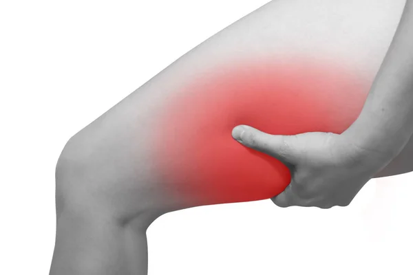 Kadın yaralı kırmızı nokta ile zarar onun uyluk kapmak