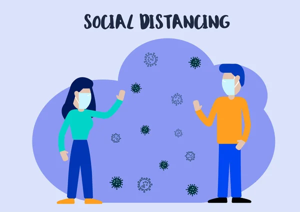 Flat Layer Cartoon Man Woman Communicated Distance Social Distancing Concept — Stock Vector