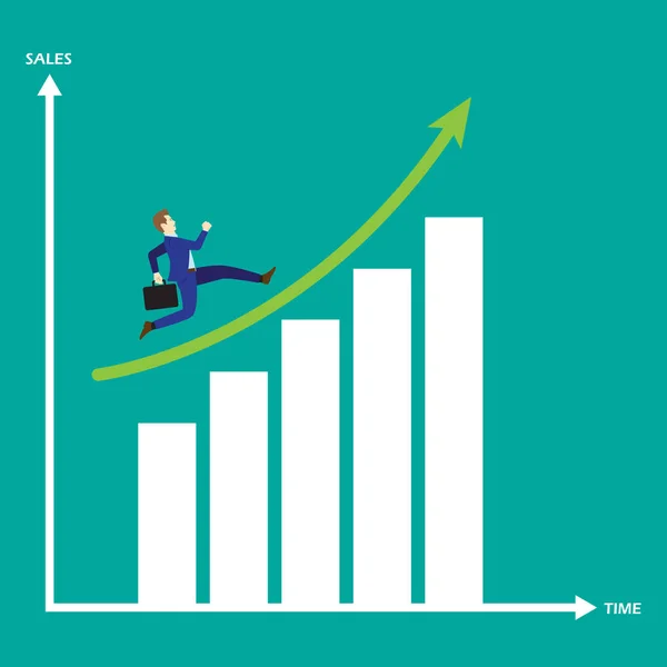 Empresário rodando no gráfico de barras de crescimento — Vetor de Stock