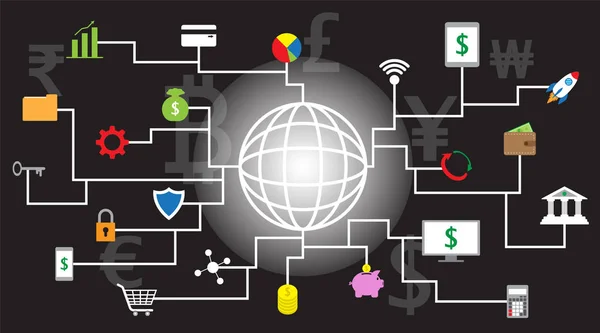 Fintech-Ikonen rund um den Globus auf schwarzem Hintergrund — Stockvektor