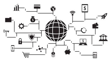 Fintech Black Icons Around A Globe On White Background clipart