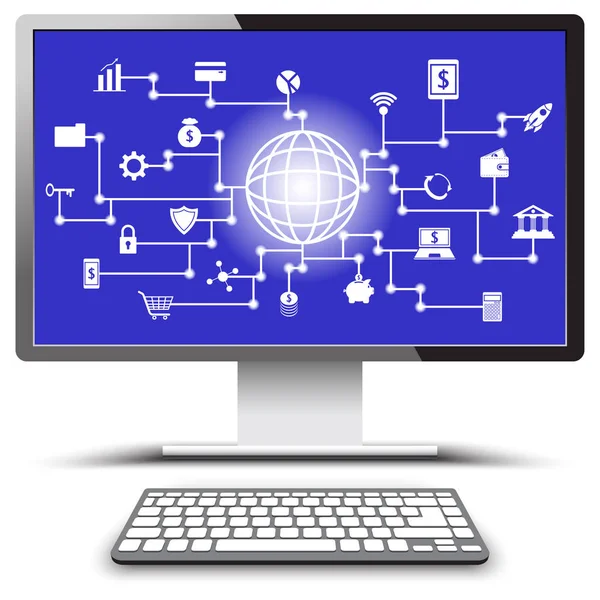 Weiße Fintech-Symbole auf dem Bildschirm des PC-Monitors — Stockvektor