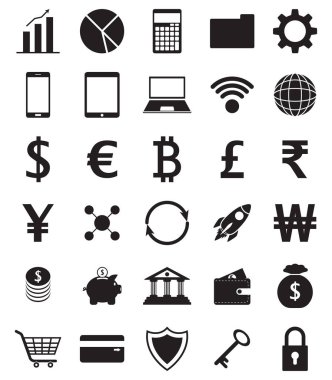 Beyaz arka planda siyah Fintech düz simgeler