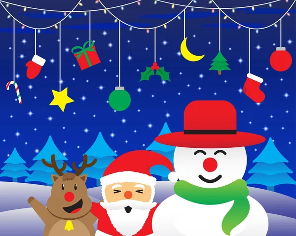 Feliz Navidad - Felices tres amigos y luces de Navidad y cosas colgantes — Vector de stock