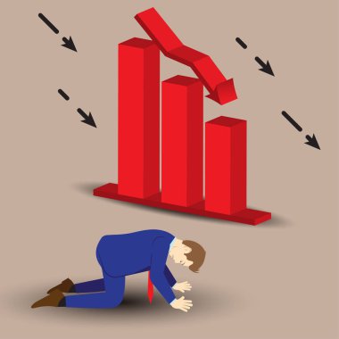 Çubuk grafik azalan yanında diz çökmüş işadamı