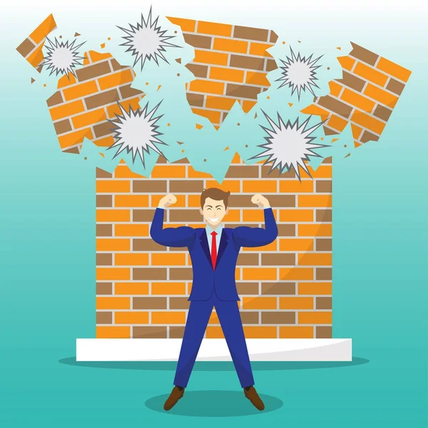 Empresário forte na frente de quebrar parede de tijolo — Vetor de Stock