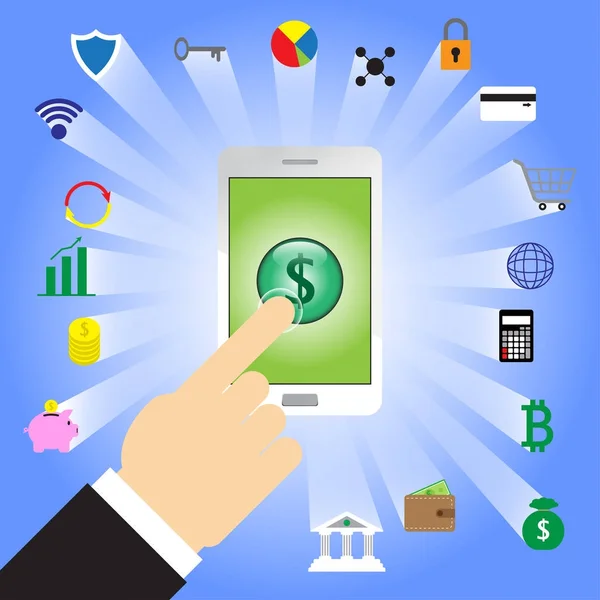 Finger Tapping Dollar Ingresar Smartphone con iconos de Fintech — Archivo Imágenes Vectoriales