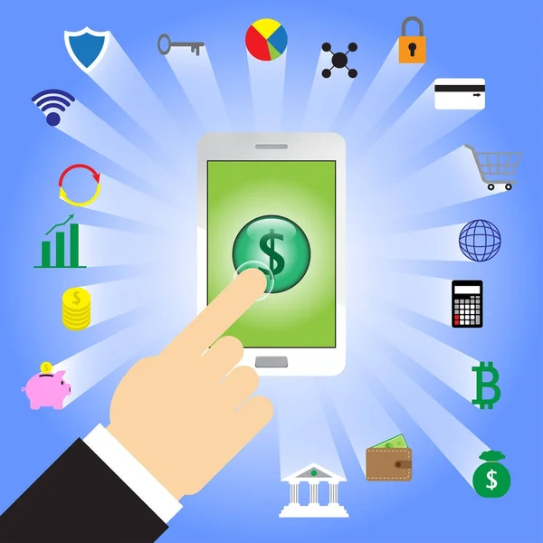Finger Tapping Dollar Sign In Smartphone With Fintech Icons Stock Illustration