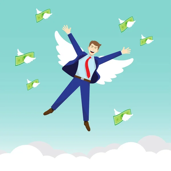 Biznesmen i pieniądze lecą przez białe skrzydła — Wektor stockowy