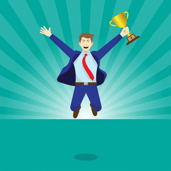 Jumping Businessman Holds A Golden Trophy — Stock Vector