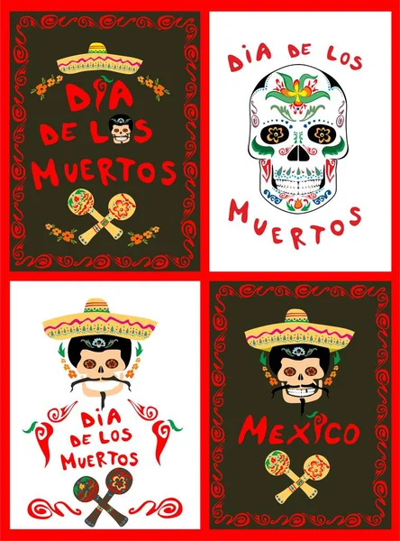 Collection d'affiches le jour des morts avec crâne de sucre mexicain, sombrero, mariachi et maracas — Image vectorielle