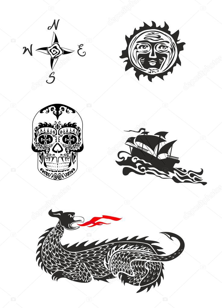 Set of gothic black tattoo and engraving with ship, skull, dragon, sun and wind rose