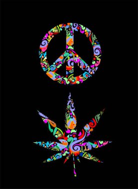T-shirt baskı barış sembolü ve marihuana yaprağı soyut renkli desenli siyah arka plan üzerine izole