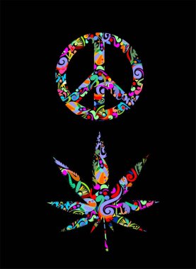 T-shirt prints with peace symbol and marijuana leaf with abstract colorful pattern isolated on black background clipart