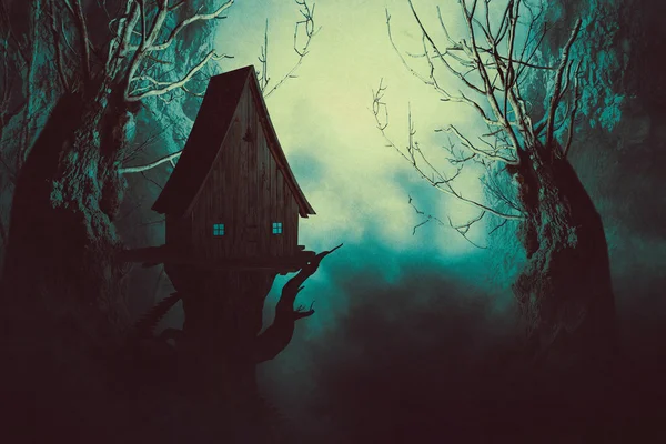 Spooky Strega Casa nella nebbia — Foto Stock