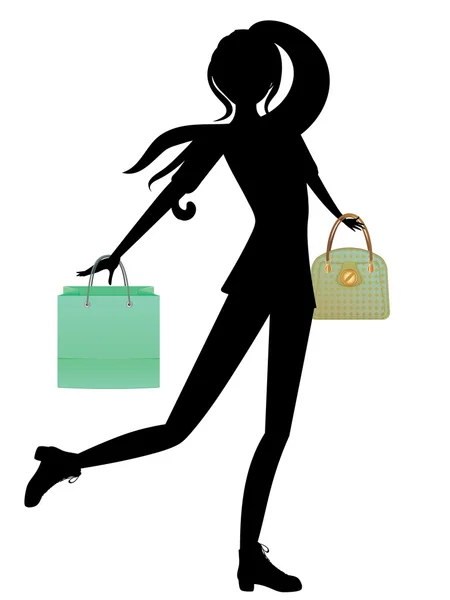 Compras chica con bolsos silueta — Vector de stock