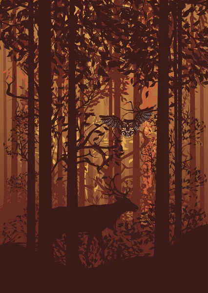 秋の森林景観と鹿 — ストックベクタ