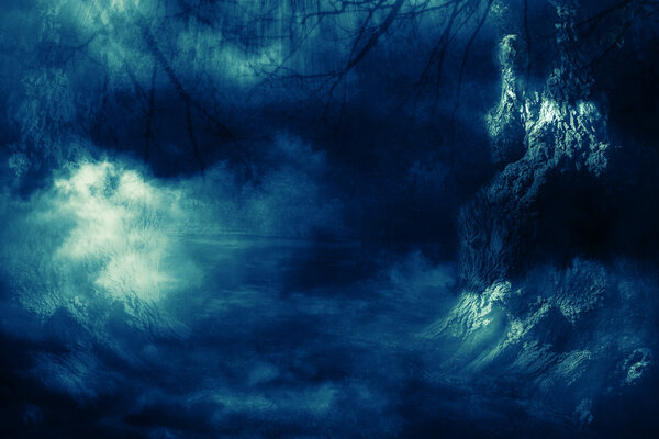 Halloween night background with spooky forest trees in fog.