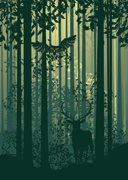 Deer and Abstract Forest Landscape — Stock Vector