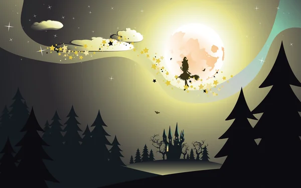 森の中で魔女を飛行 — ストックベクタ