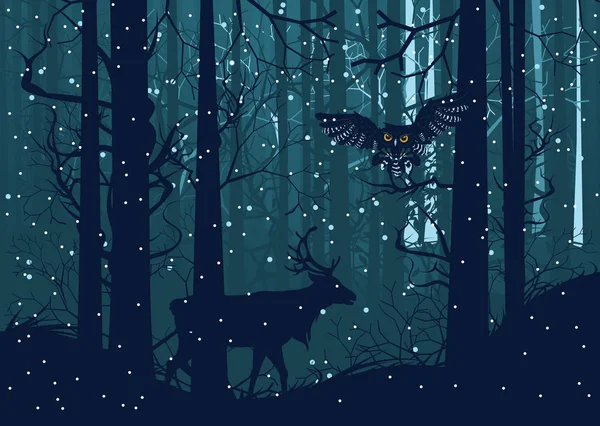 Snöig vinter skog med rådjur — Stock vektor