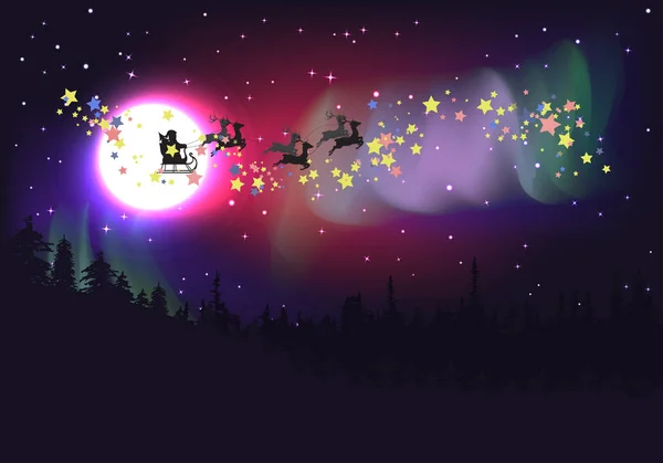 Santa Flying over Aurora Borealis — Stockvector