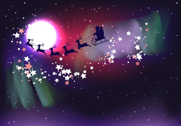 Santa voladora sobre Aurora Boreal — Vector de stock