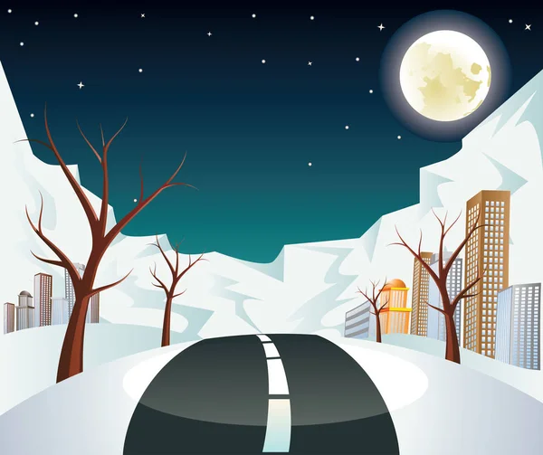 Nacht Winter weg naar stad — Stockvector