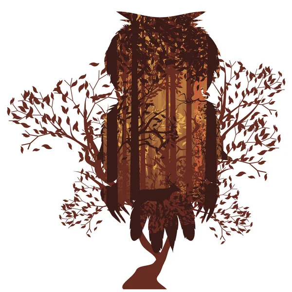 Uggla och hösten skogslandskapet — Stock vektor
