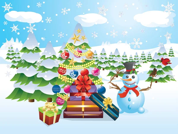 Muñeco de nieve con árbol de Navidad — Vector de stock