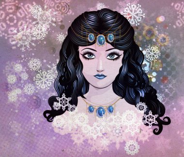 kar taneleri ile mavi saçlı kız