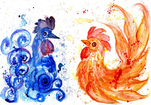 Orange and Blue Roosters — Stock Photo, Image