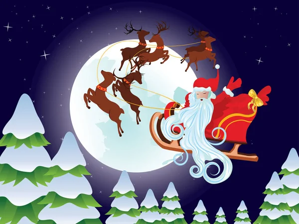 Santa Riding Christmas Sleigh at Night — Stock Vector