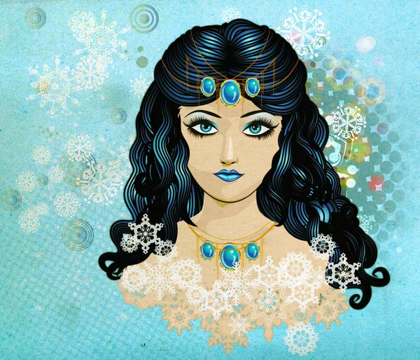 Niebieski Ciemnowłosa dziewczyna z płatki śniegu — Zdjęcie stockowe