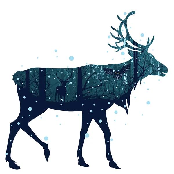 Snowy Winter Forest with Deer — Stock Vector