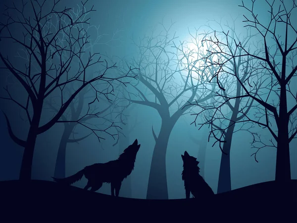 Wolf Howling in the Night Forest — Stock Vector