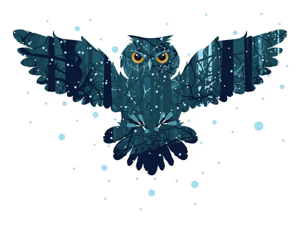 Snowy Winter Forest and Owl — Stock Vector