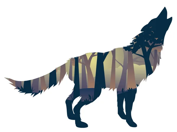 Lobo aullando con el bosque — Vector de stock