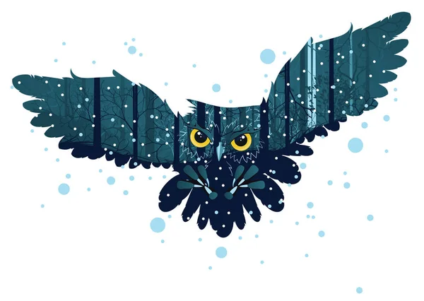 Snowy Winter Forest and Owl — Stock Vector