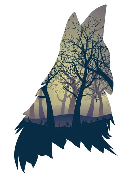 Lobo aullando con el bosque — Vector de stock