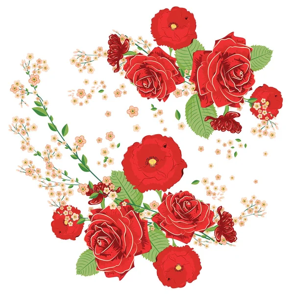 Adorno de rosas rojas y amapolas — Vector de stock