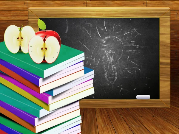 School books and blackboard — Stock Photo, Image