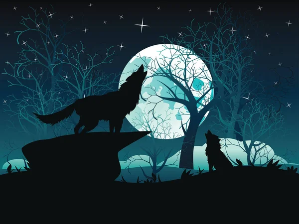 Wolf Howling in the Night Forest — Stock Vector