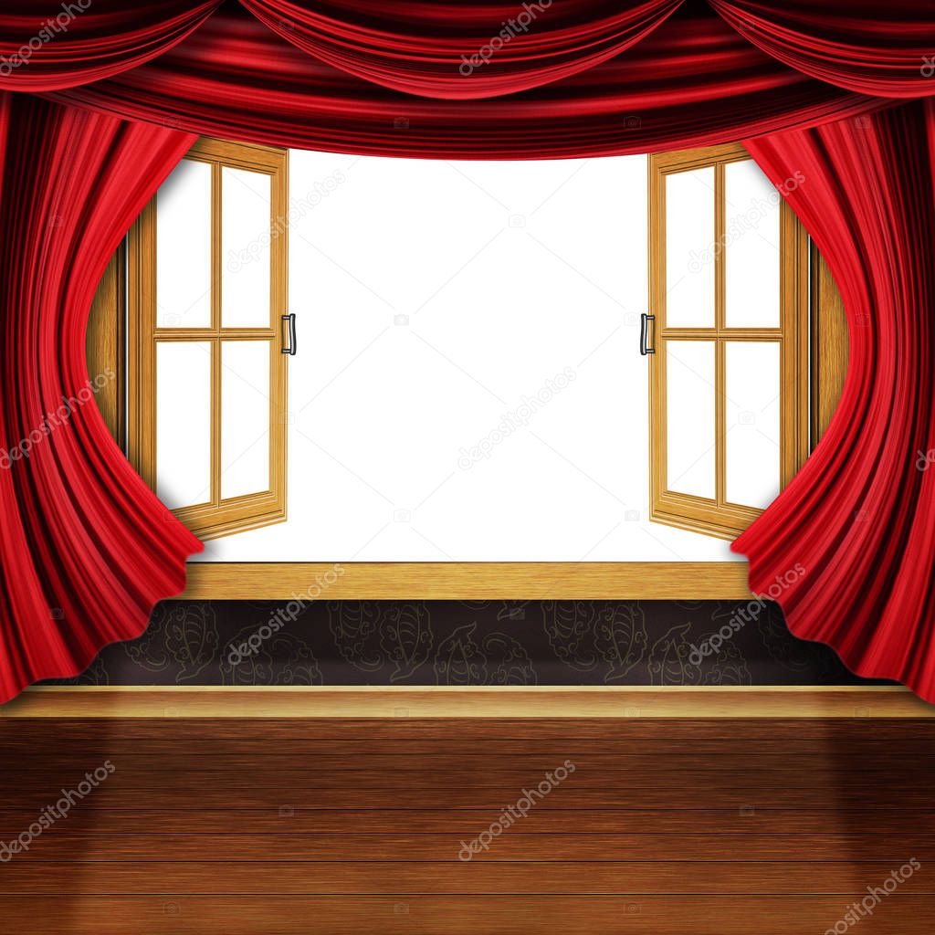 Wooden Window with Red Curtain