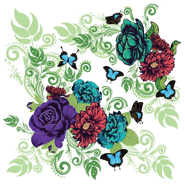 Roses et papillons Ornement — Image vectorielle