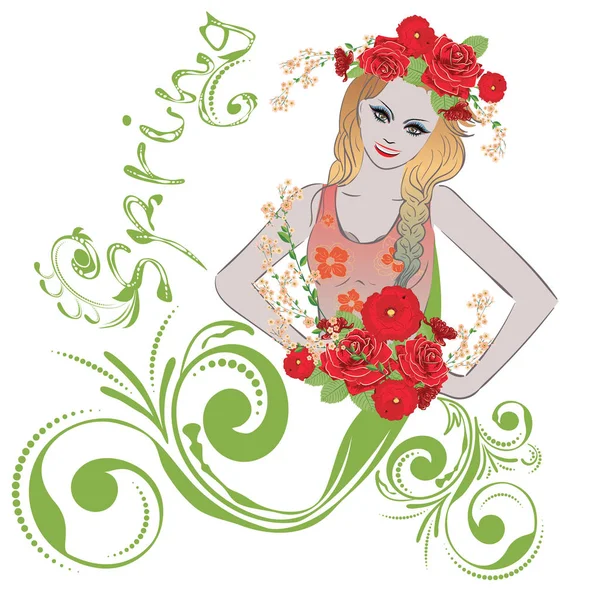Primavera chica con flores — Vector de stock