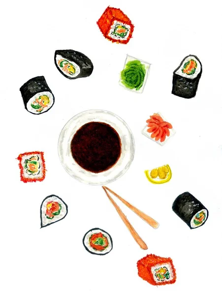 Sushi Set Watercolor — Stock Photo, Image